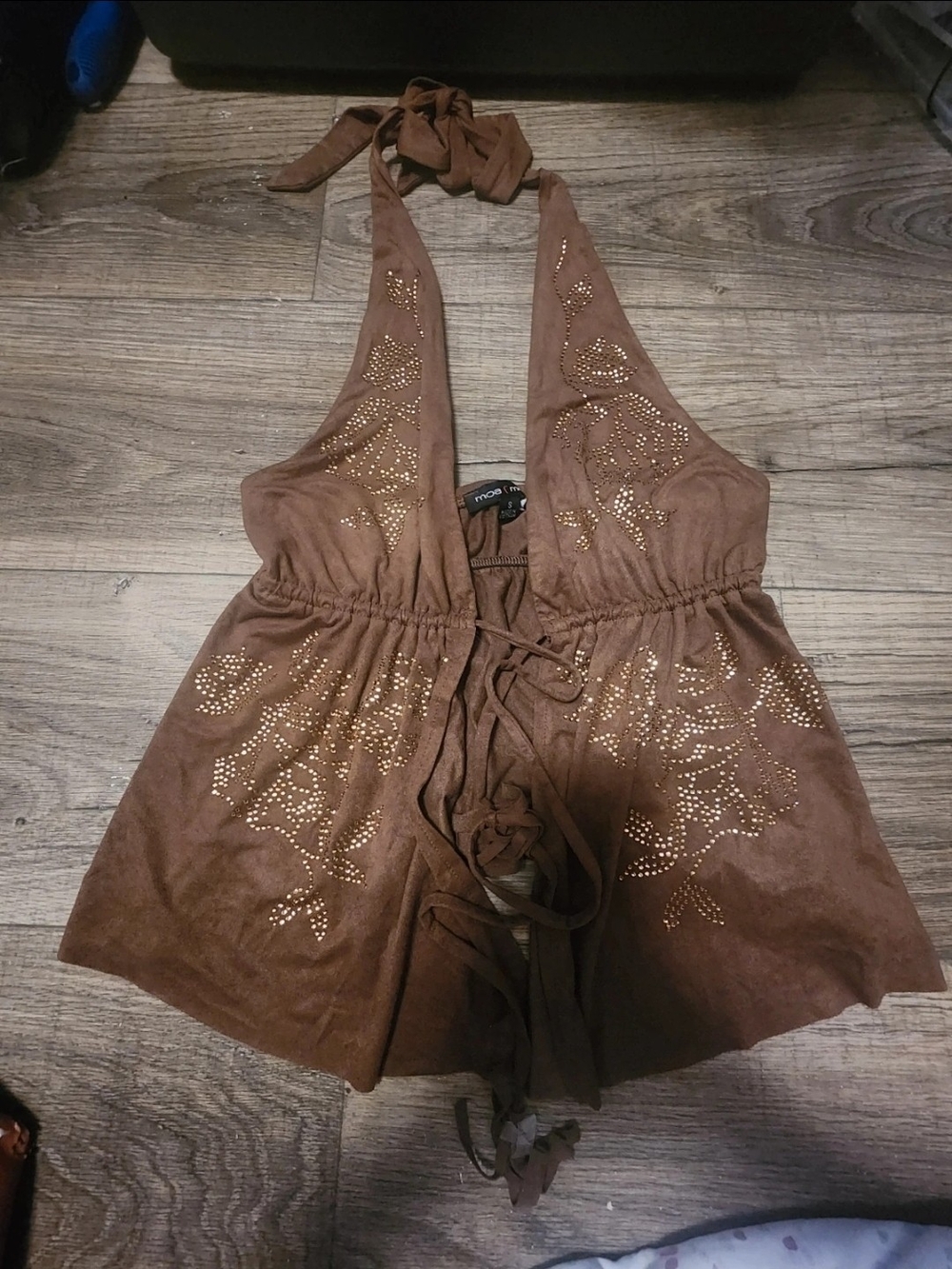Brown Faux Suede Rhinestone Floral Halter Top